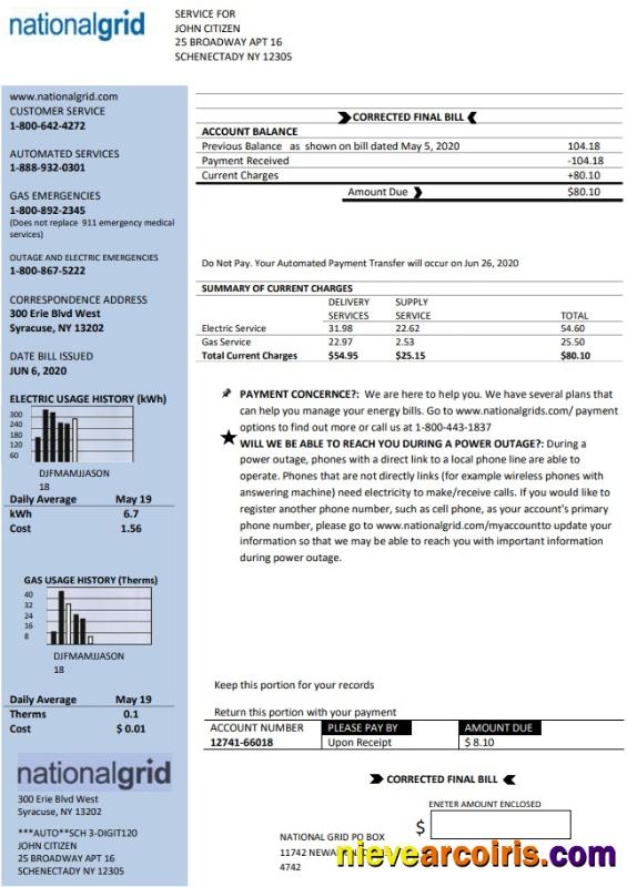 USA New York National Grid utility bill